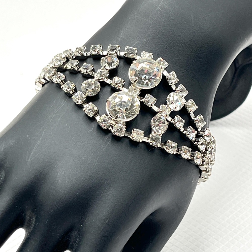 Vintage 50s Silver Tone Prong Set Crystal Rhinestone Statement Bracelet